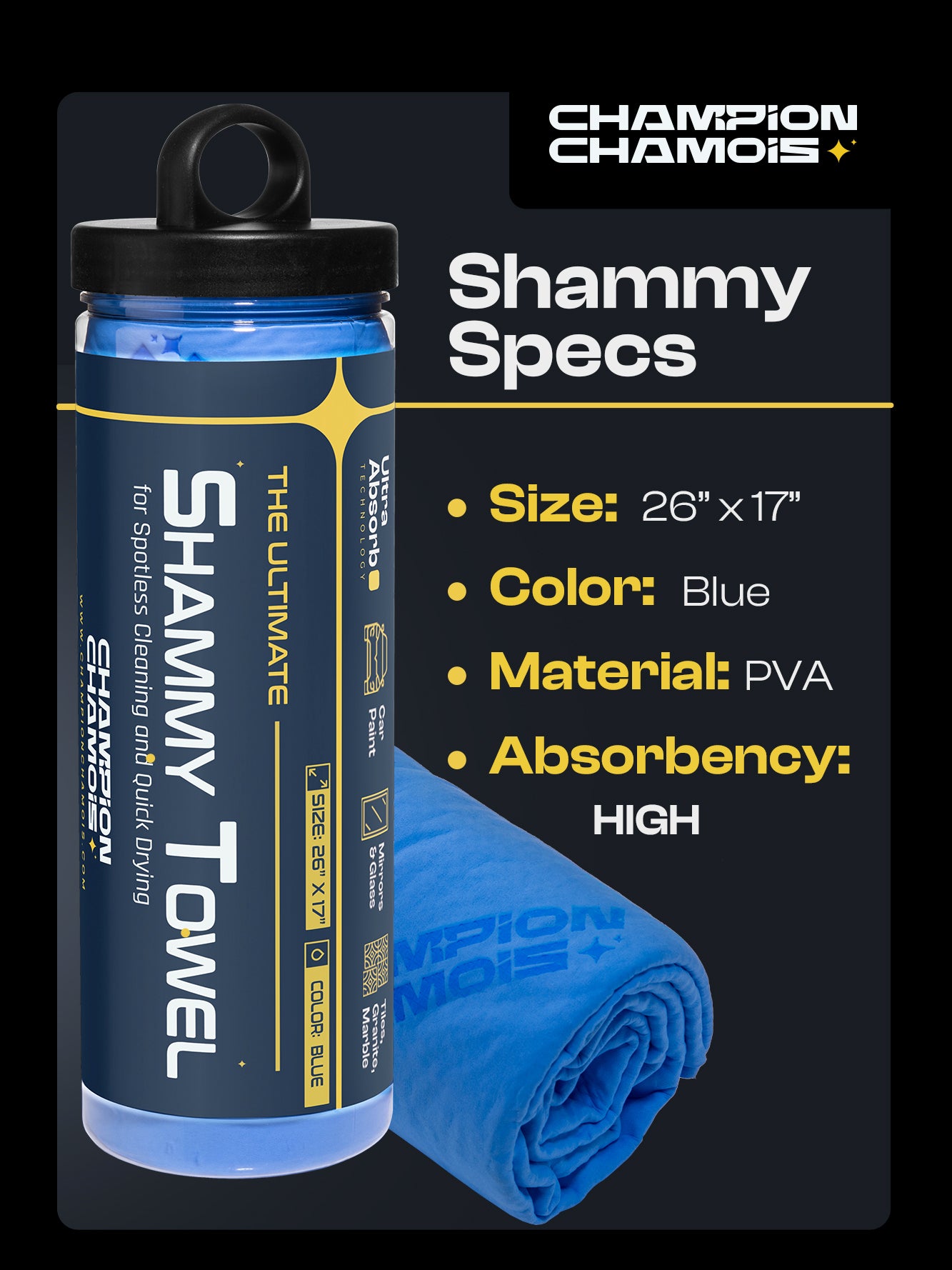 UltraAbsorb+ Premium Car Drying Shammy Cloth - 3 Pack (26"x17")