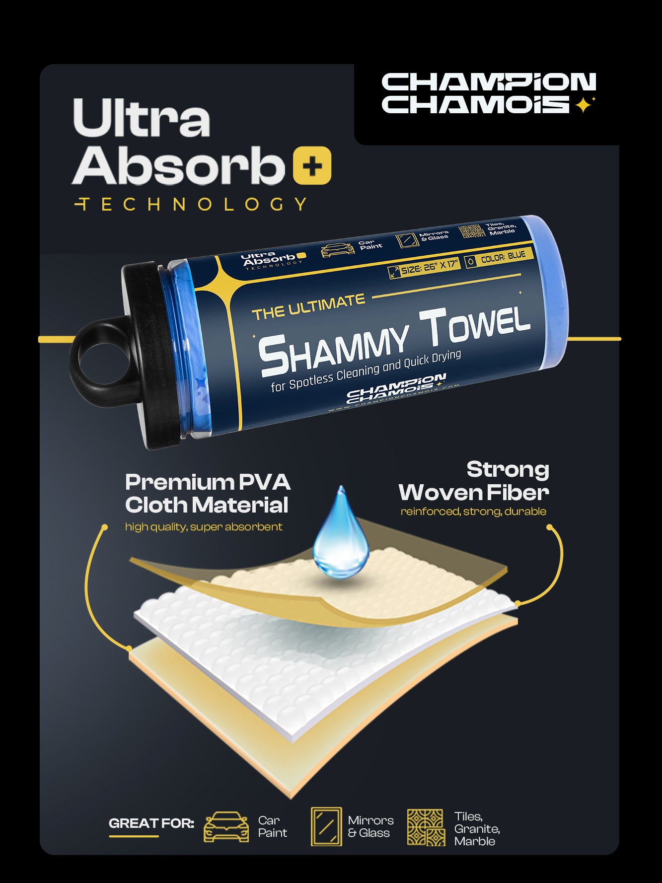 UltraAbsorb+ Premium Car Drying Shammy Cloth - 3 Pack (26"x17")